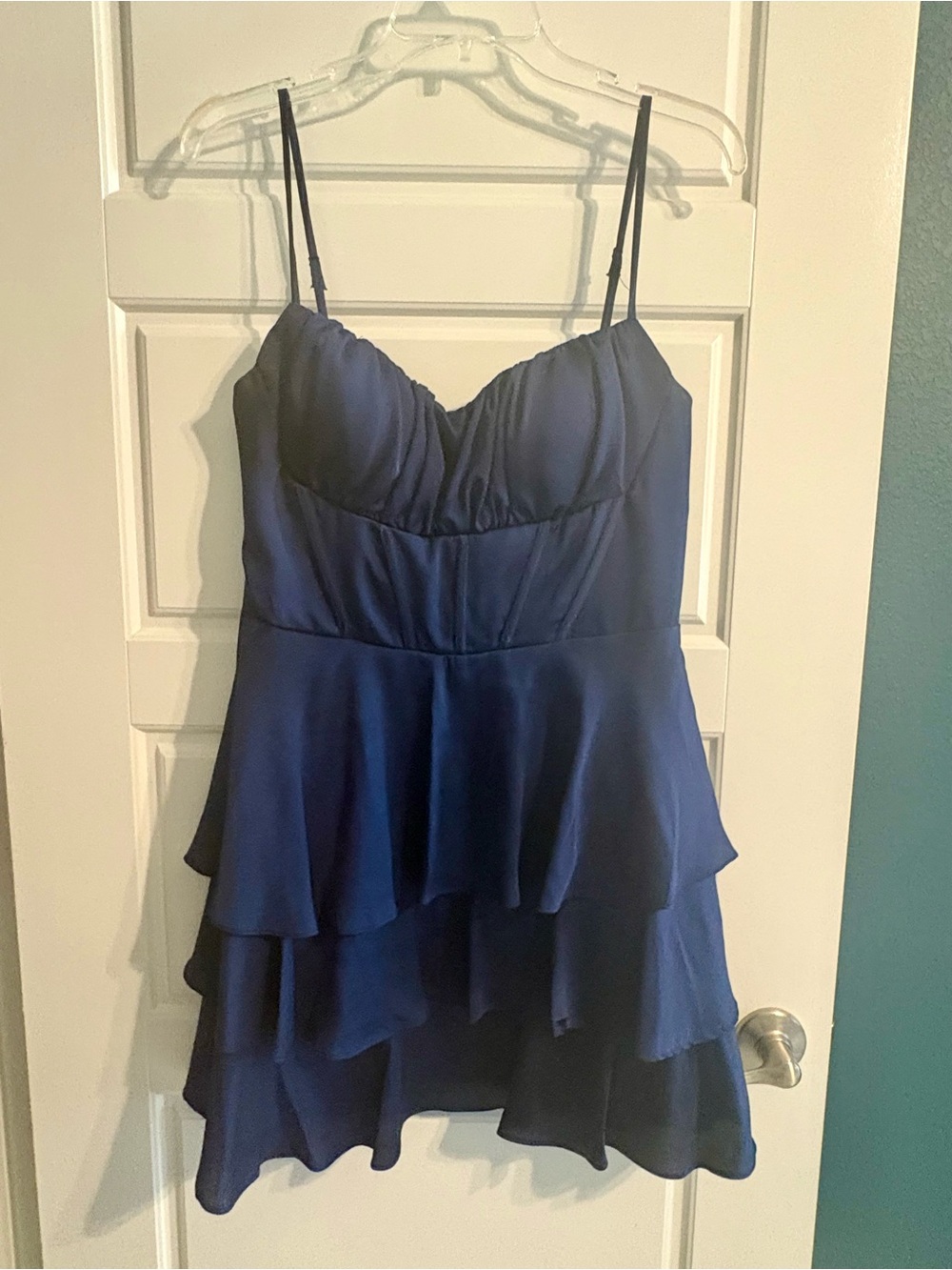 B Darlin Navy Blue Tiered Satin Homecoming Dress with Spaghetti Straps